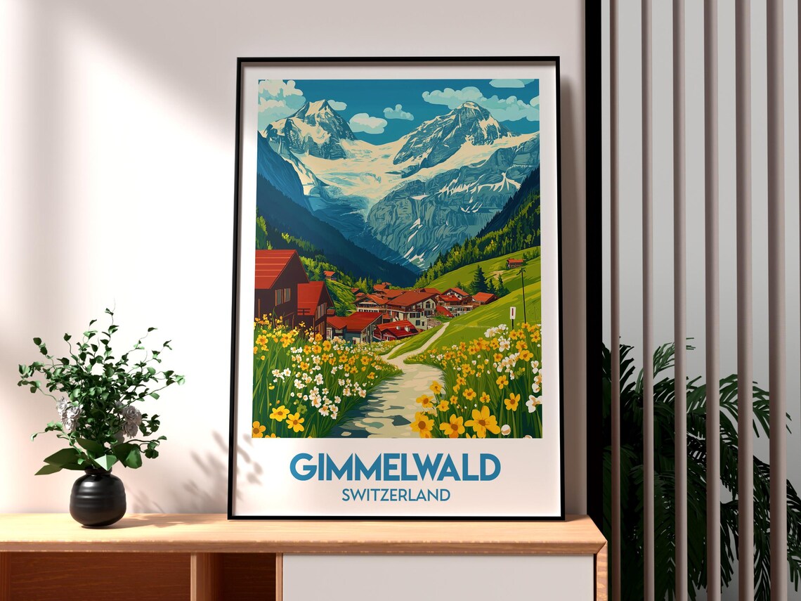Gimmelwald Switzerland Alpine Village Snowy Peaks Meadow Travel Poster