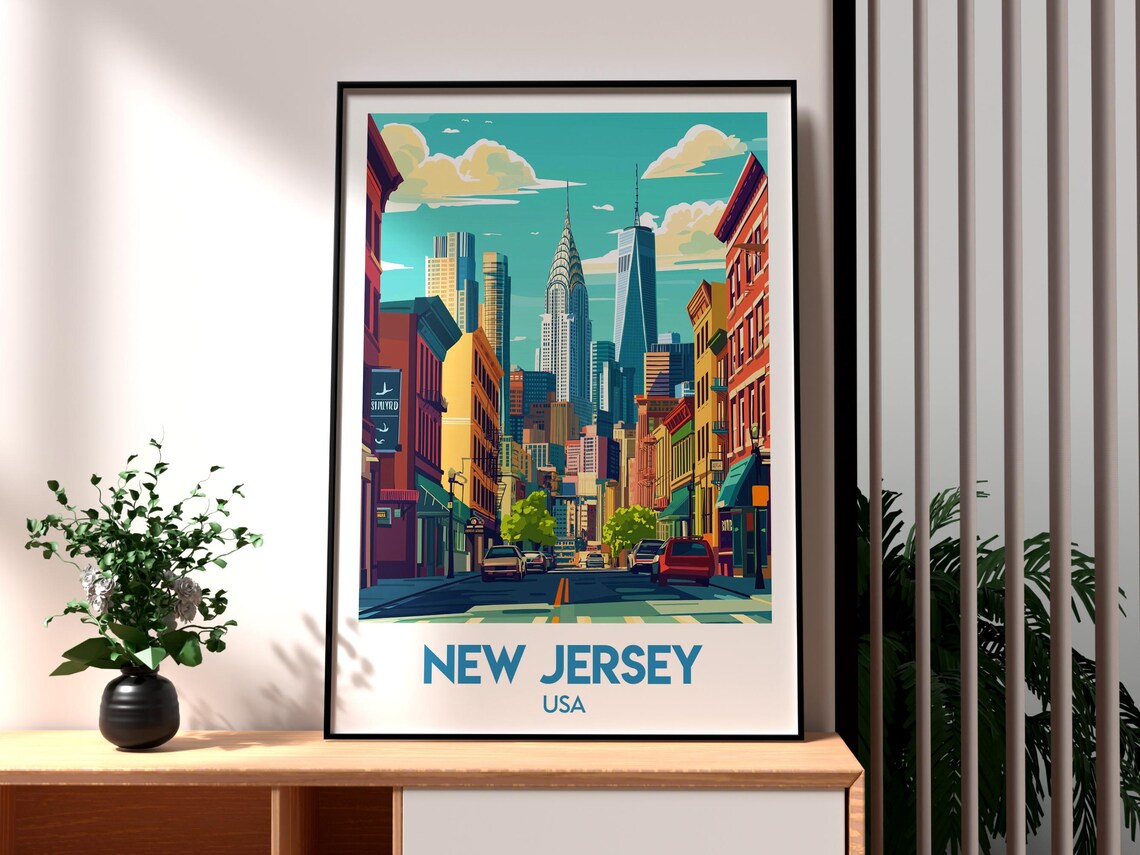 New Jersey USA Street View Manhattan Skyline Retro Travel Poster