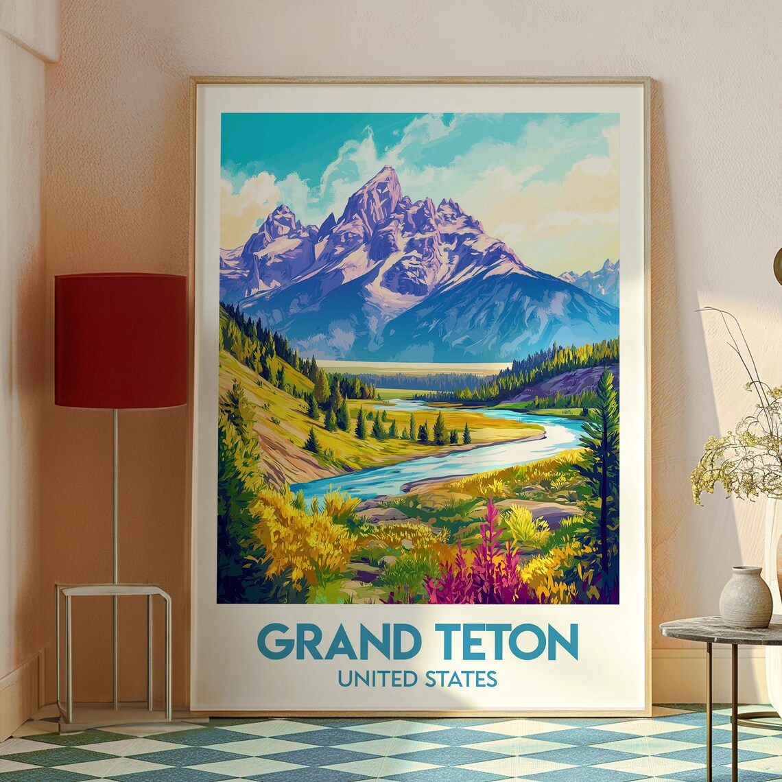 Grand Teton USA Purple Peak Valley River Vintage Landscape Poster - Image 2