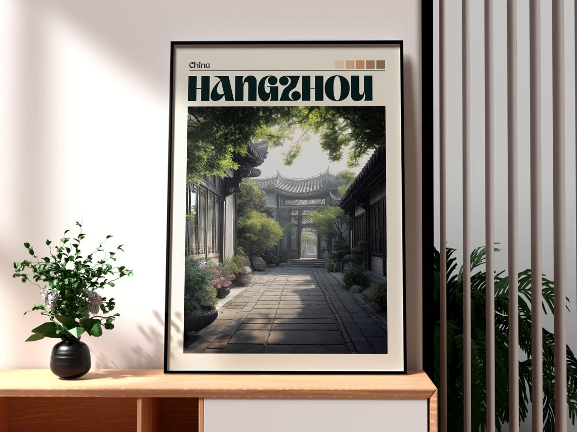 Hangzhou China Serene Traditional Garden Moon Gate Courtyard Poster