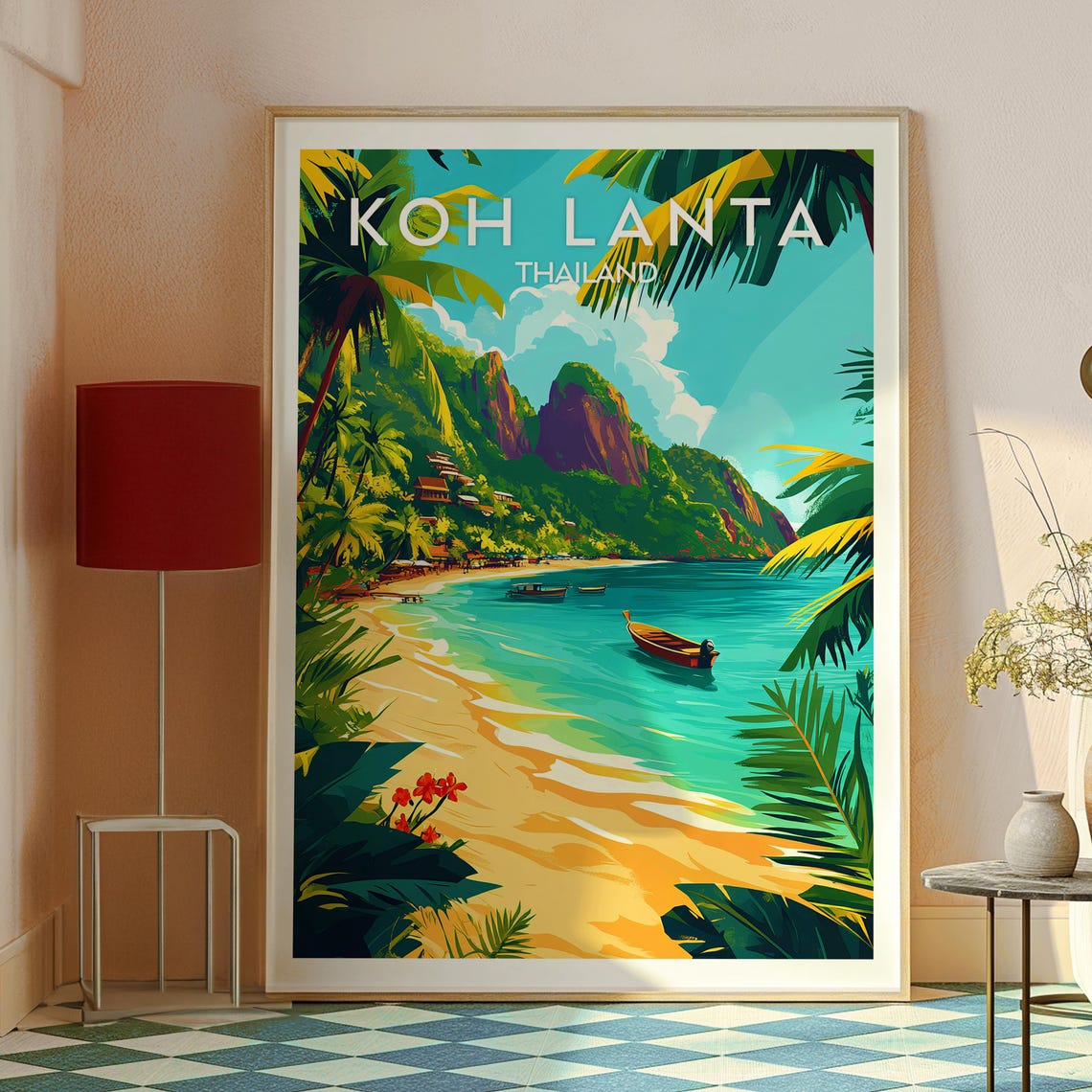 Koh Lanta Thailand Tropical Beach Longtail Boat Cliffs Poster - Image 2
