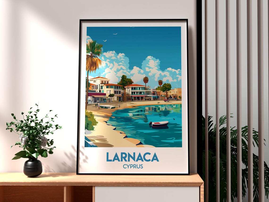 Larnaca Cyprus Palm Beach Waterfront Boat Harbor Travel Poster