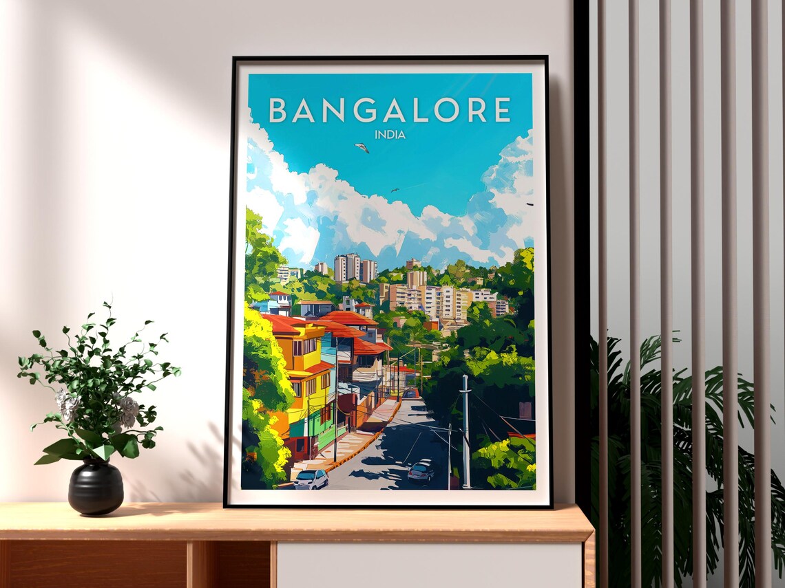 Bangalore India Retro Travel Poster Garden City Skyline Hills Artwork