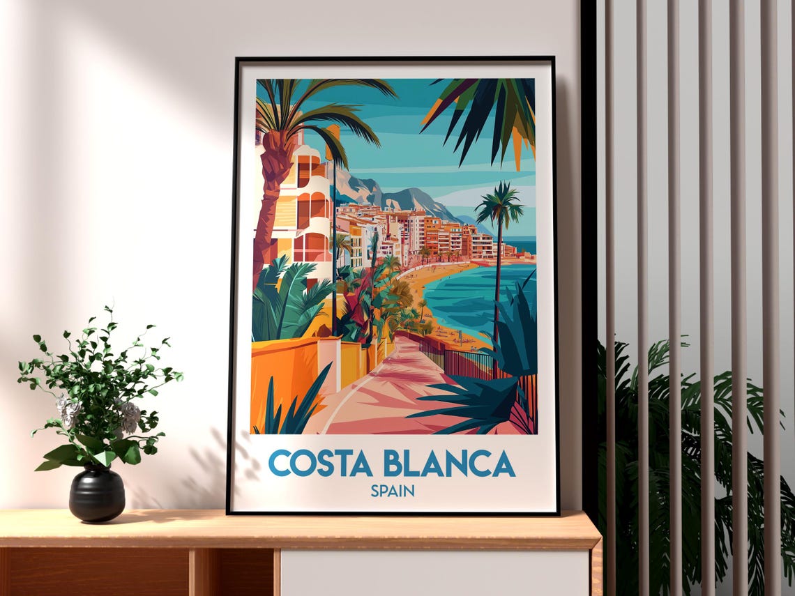 Costa Blanca Spain Beach Path Palm Trees Coastal Travel Poster