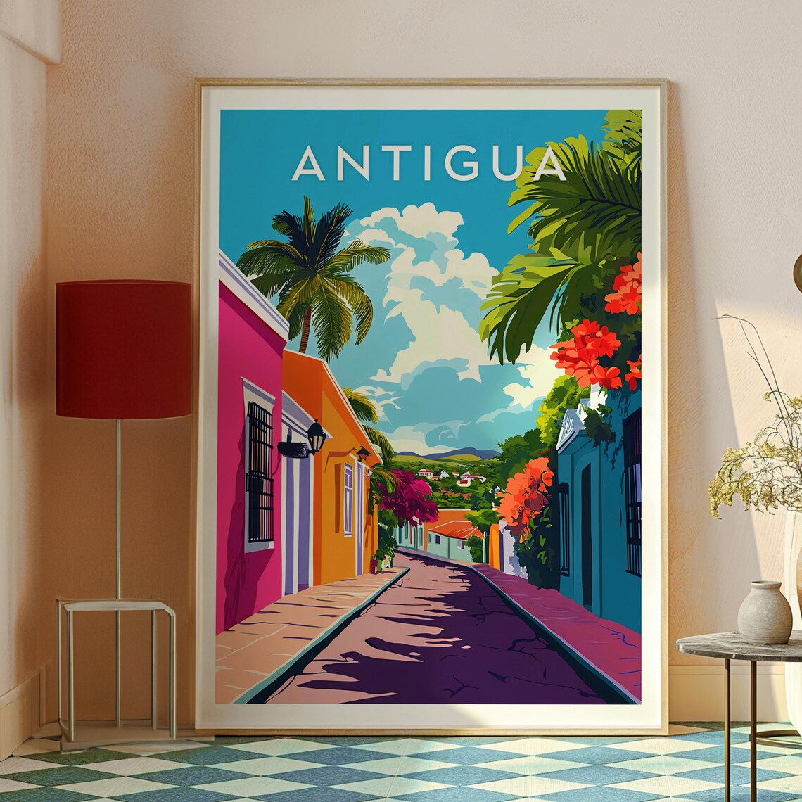 Antigua Caribbean Colonial Street Palm Trees Island Travel Poster - Image 2