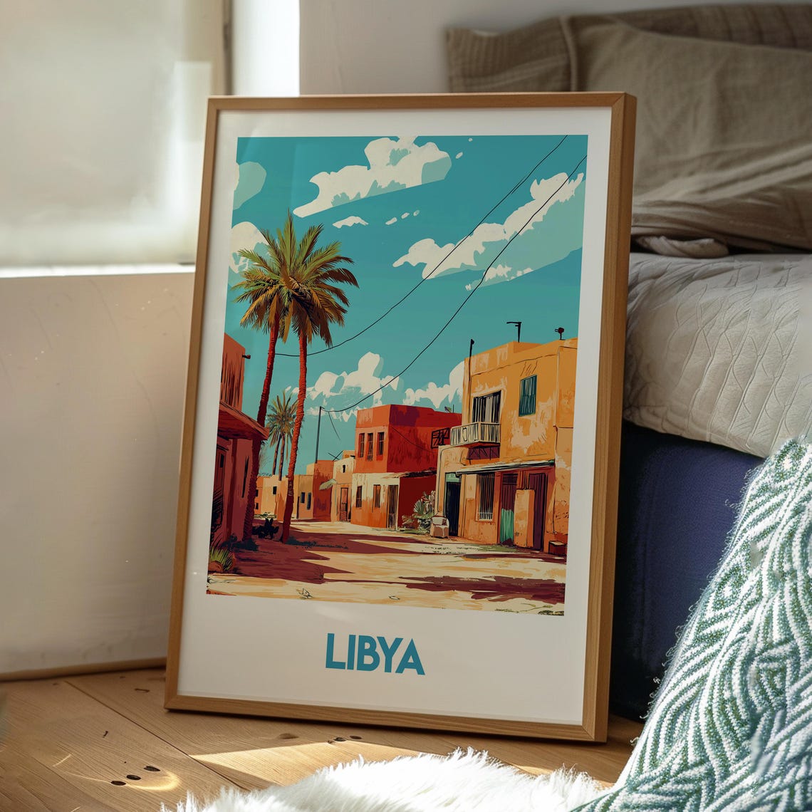 Libya Desert Town Palm Trees Sunlit Street Scene Travel Poster - Image 3