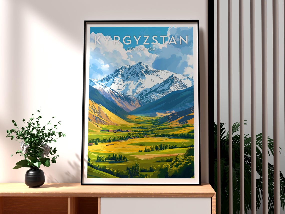 Kyrgyzstan Central Asia Snow Capped Mountains Illustration Art Poster