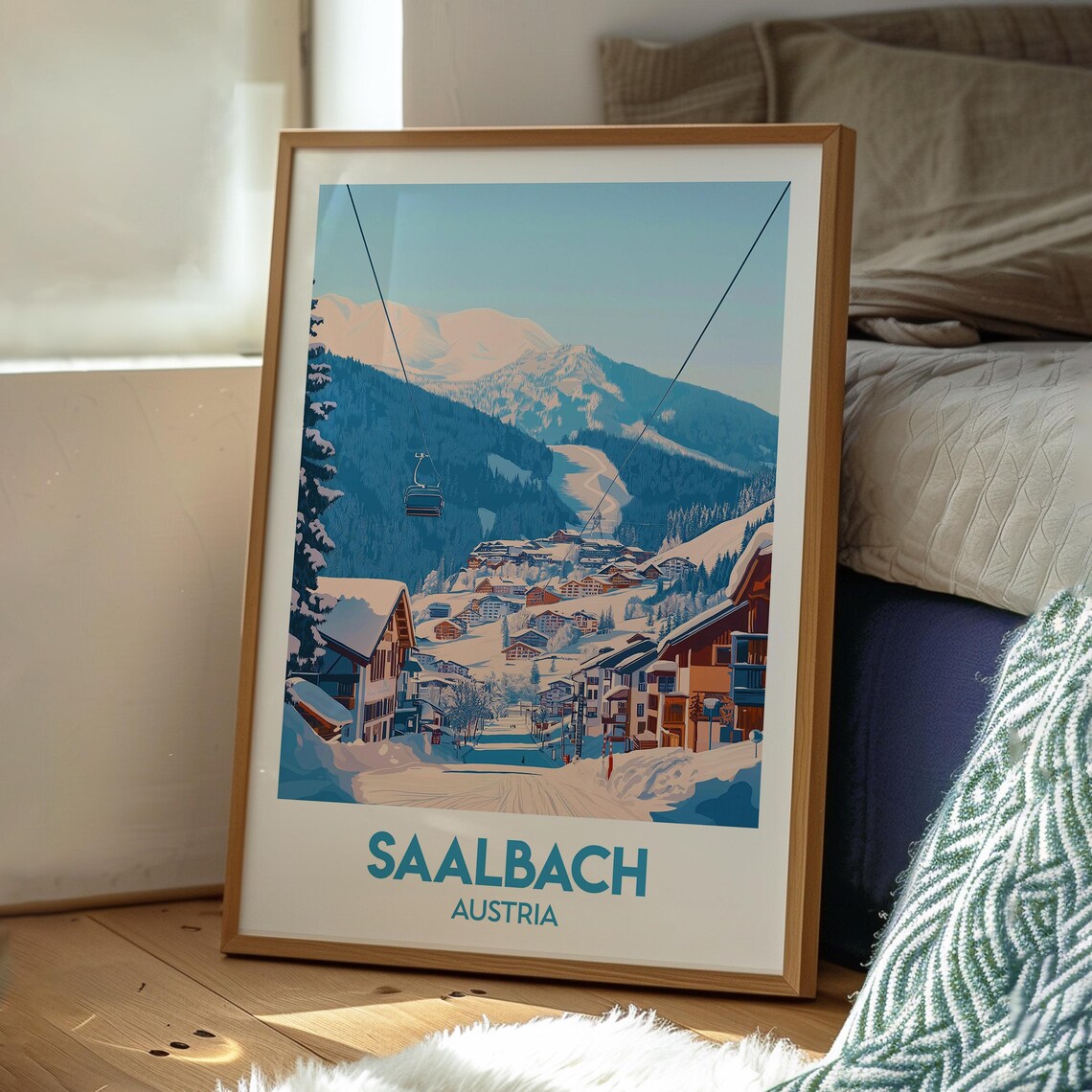 Saalbach Austria Ski Resort Snowy Village Gondola Alps Travel Poster - Image 3