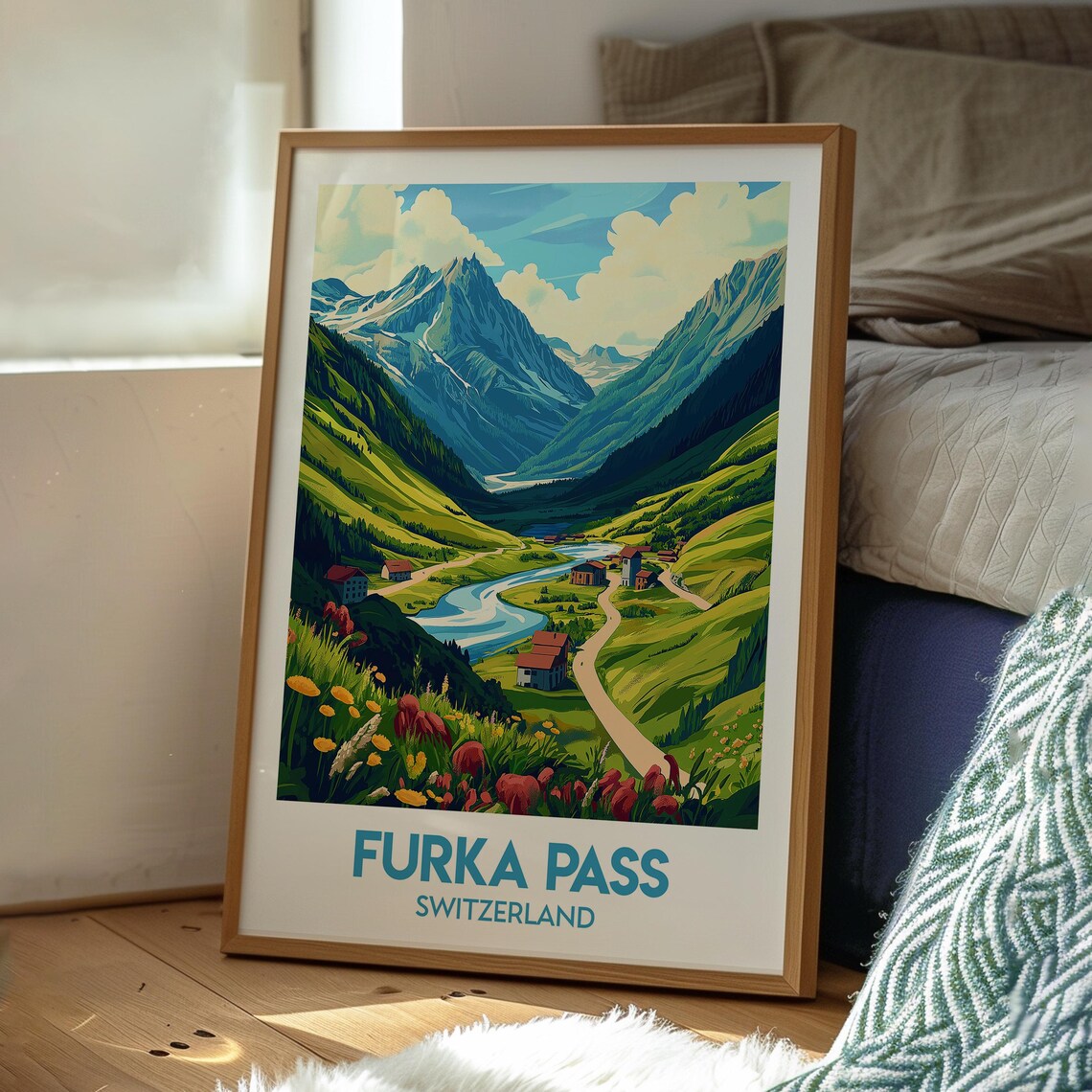 Furka Pass Switzerland Alpine Valley River Retro Travel Poster - Image 3