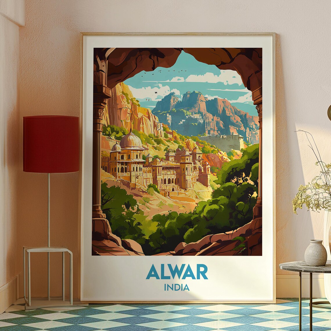 Alwar India Hilltop Fort View Through Stone Archway Travel Poster - Image 2