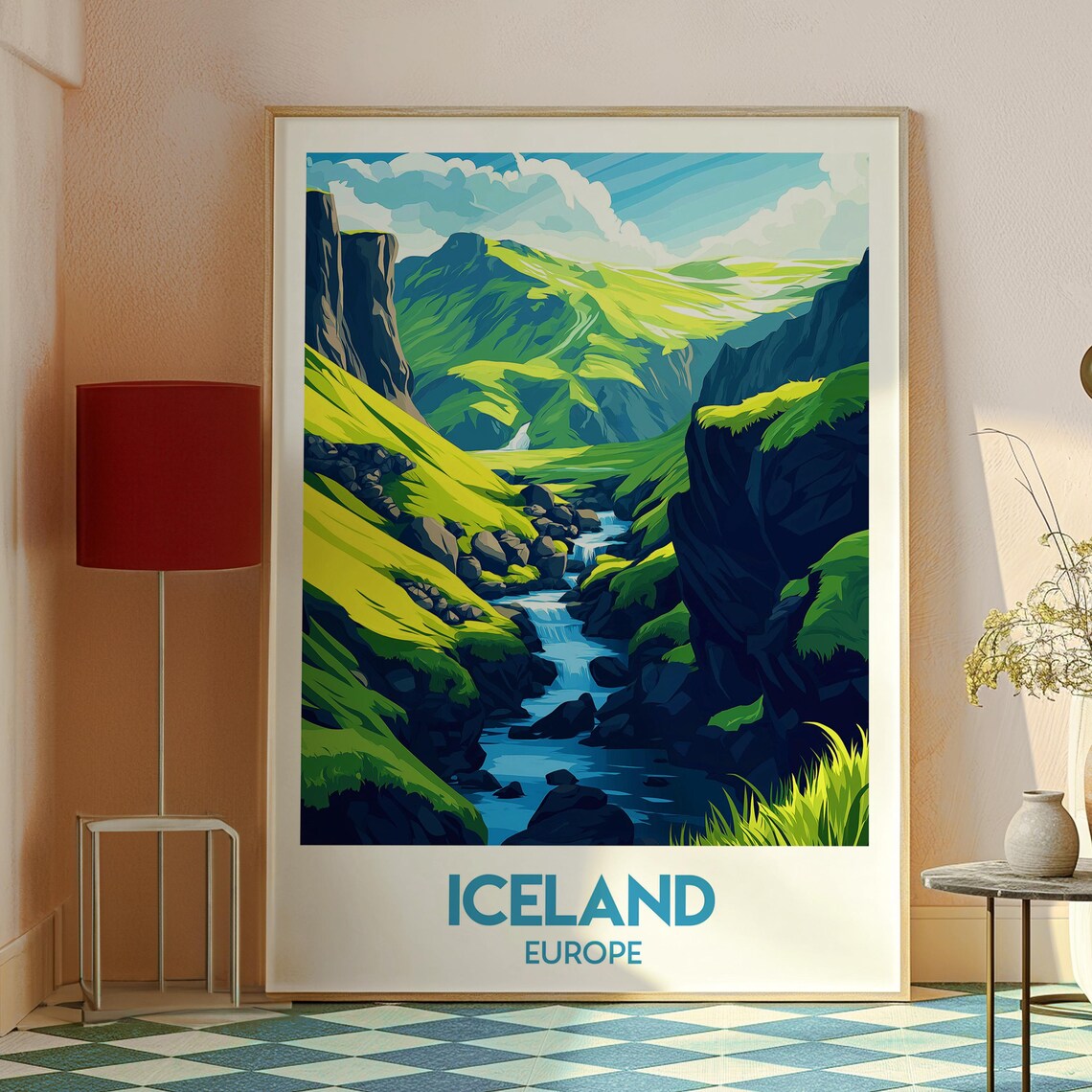 Iceland Green Canyon Waterfall River Valley Landscape Art Poster - Image 2