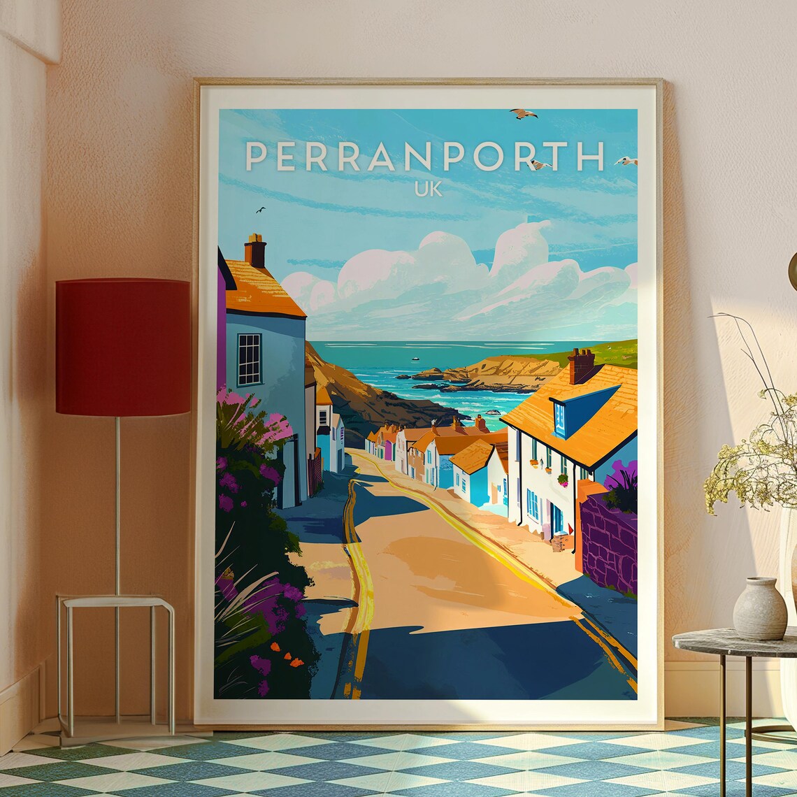Perranporth UK Seaside Cottage Street Ocean View Illustration Poster - Image 2