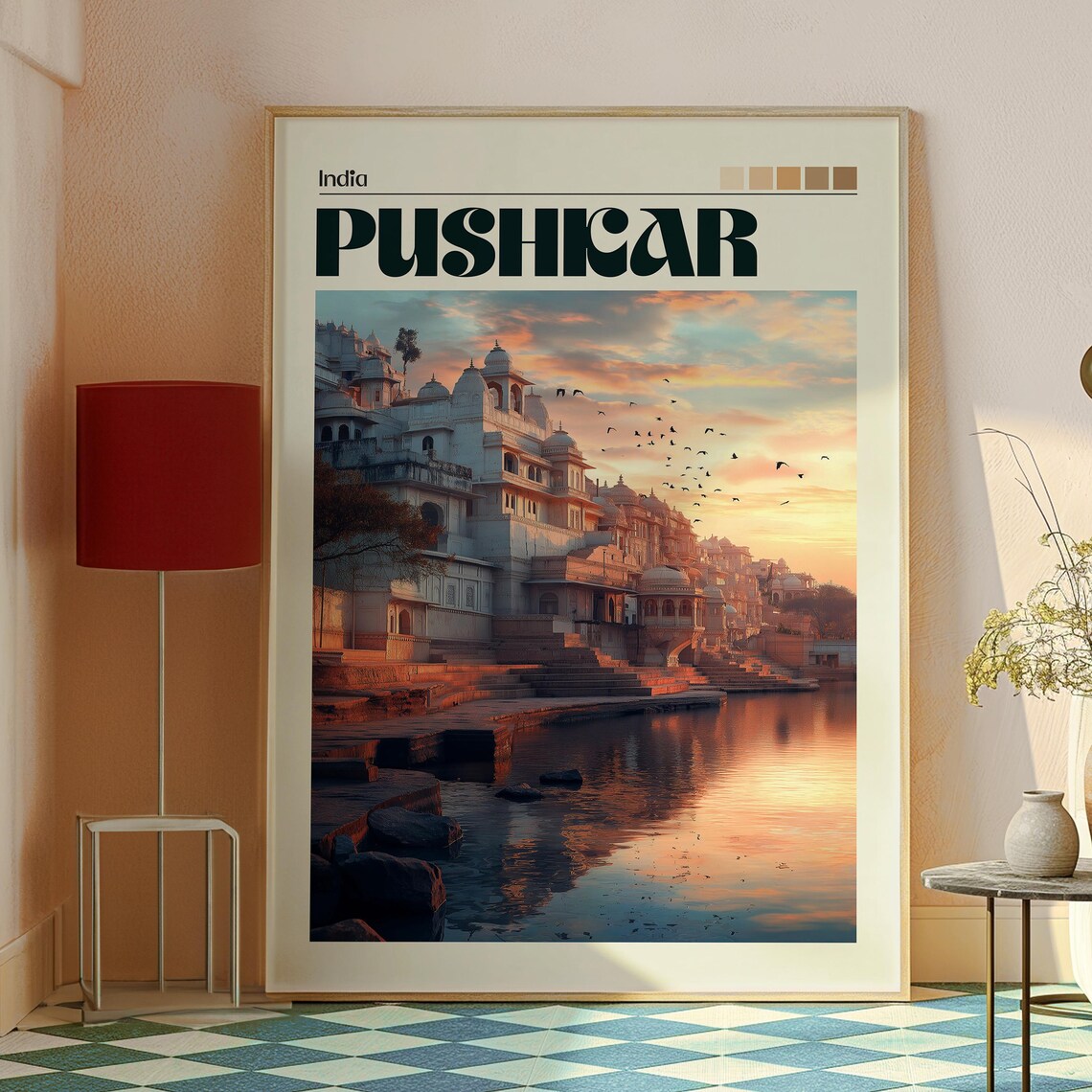 Pushkar India Sacred Lake Temples Sunrise Retro Travel Poster - Image 2