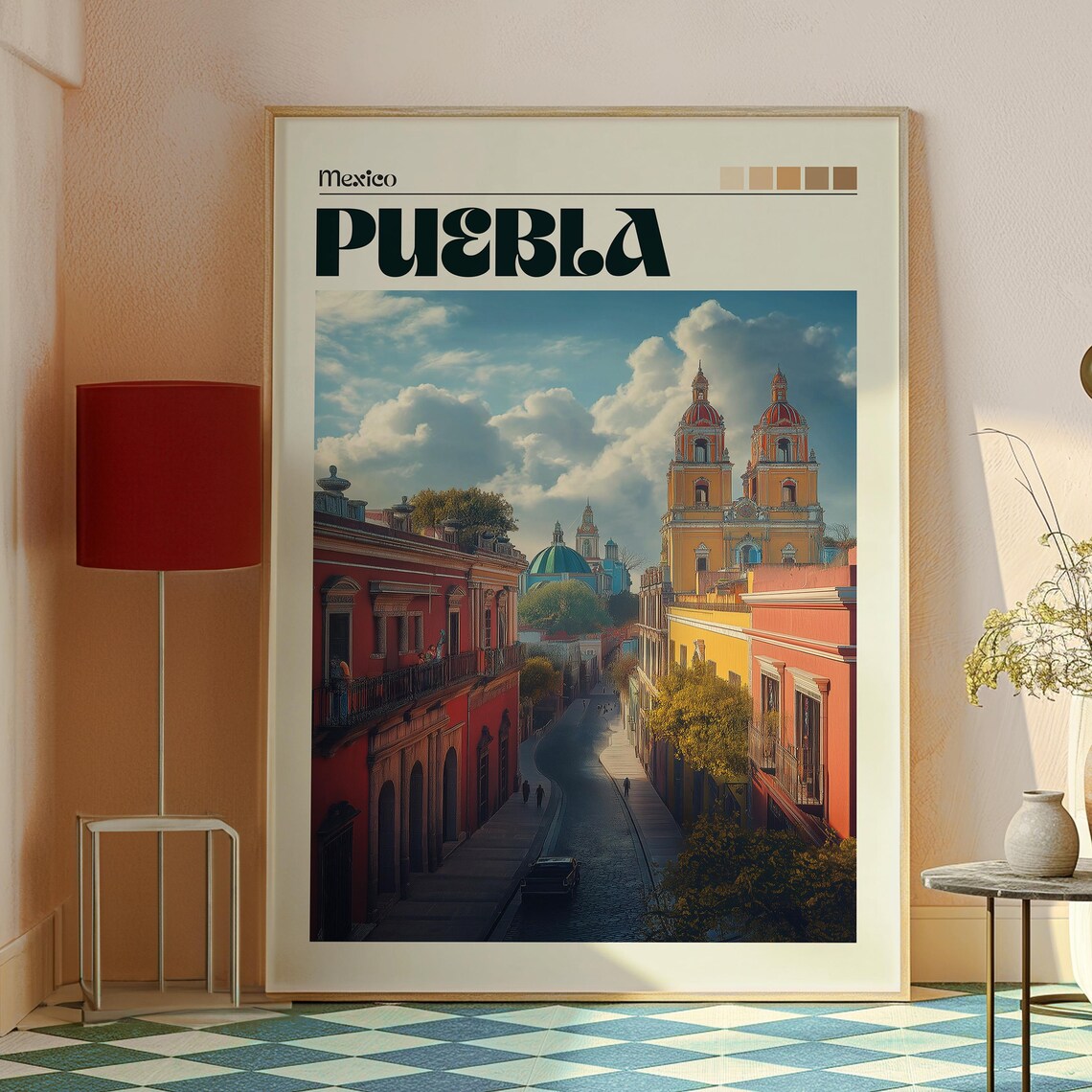 Puebla Mexico Vibrant Colonial Cathedral Street Retro Travel Poster - Image 2
