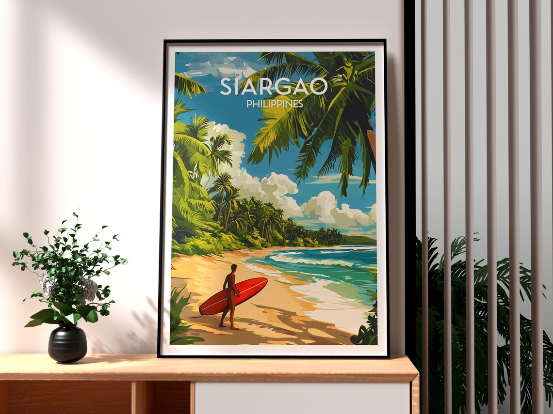 Siargao Philippines Surf Beach Palms Retro Travel Destination Poster
