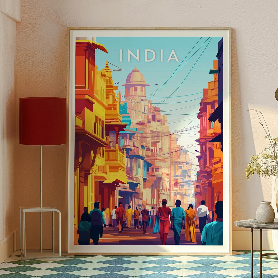 India Vibrant Street Scene Heritage Buildings Illustration Poster - Image 2