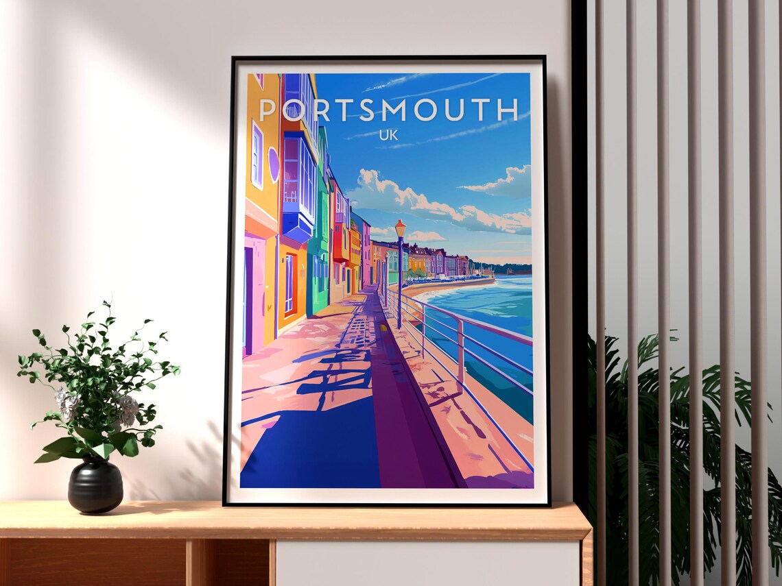 Portsmouth UK Colourful Seafront Promenade City Scene Travel Poster