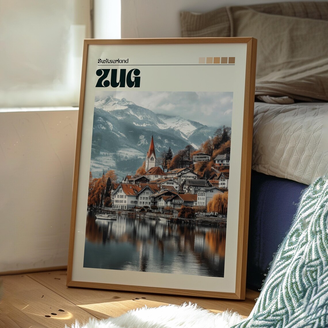 Zug Switzerland Lake Town Church Mountain Reflections Travel Poster - Image 3