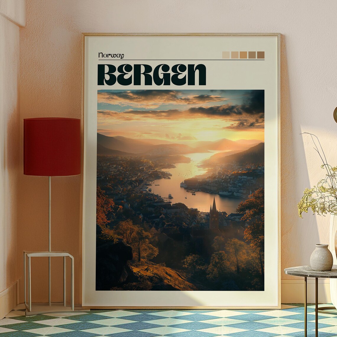 Bergen Norway Harbor Sunset Over Fjord Water Travel Art Poster - Image 2