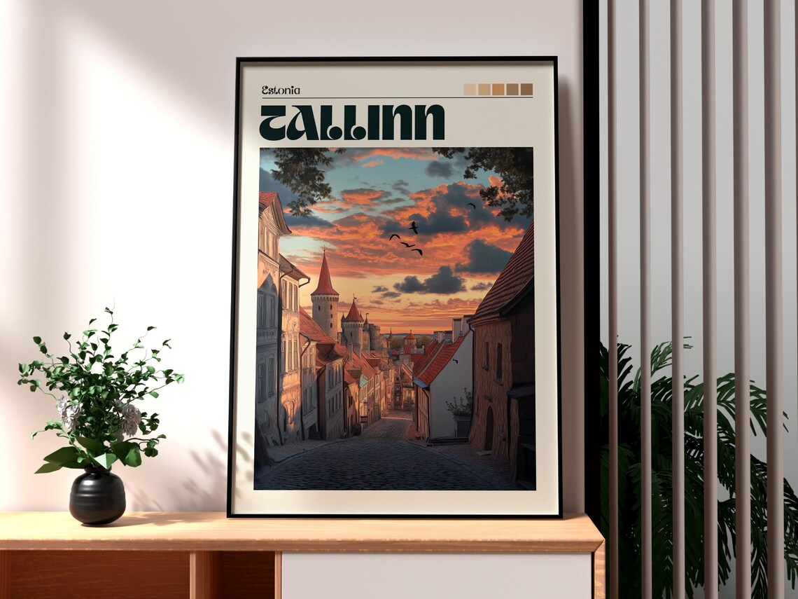 Tallinn Estonia Old Town Sunset Cobblestone Vintage Travel Poster