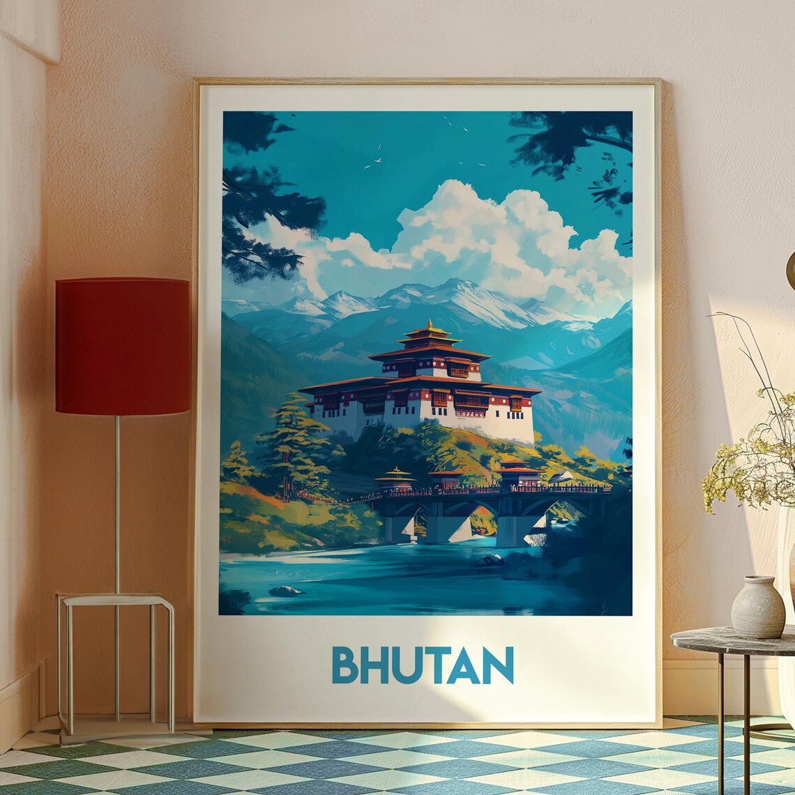 Bhutan Himalayan Mountain Temple Bridge Scenic Travel Poster - Image 2