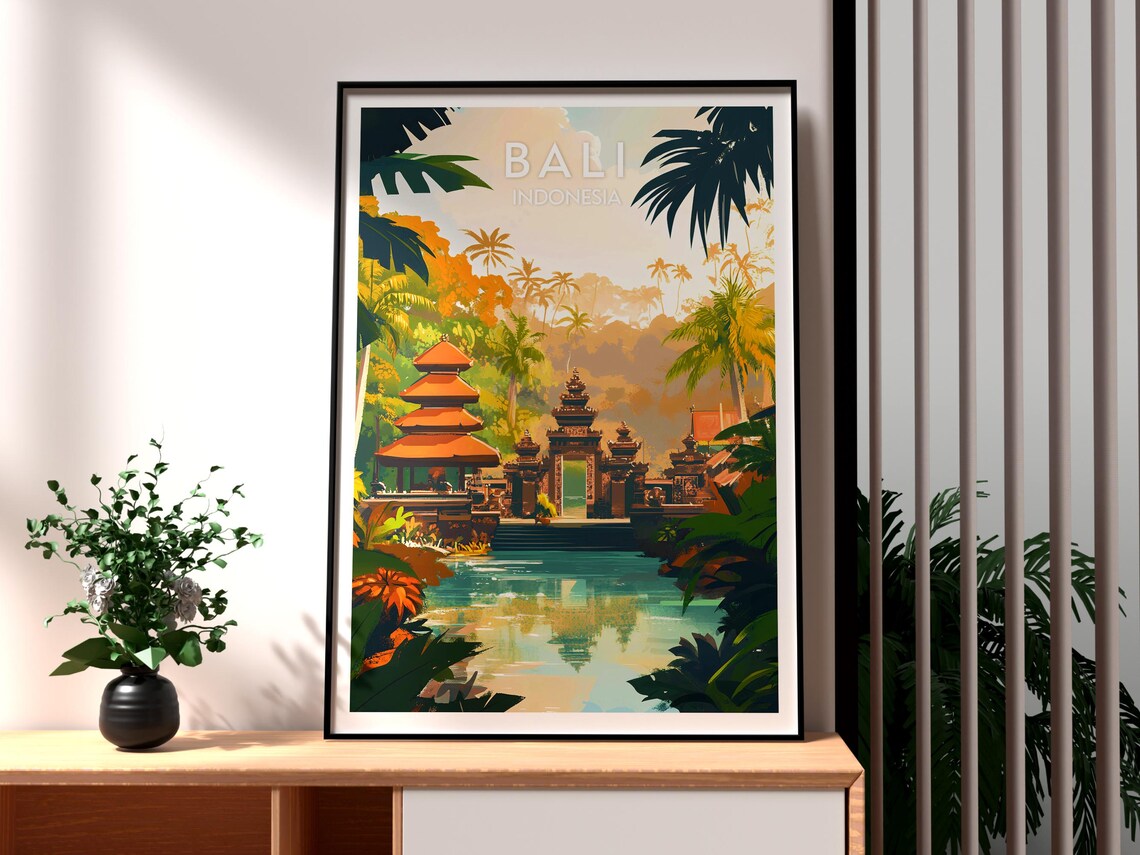 Bali Indonesia Hindu Temple Lotus Pond Jungle Tropical Travel Poster