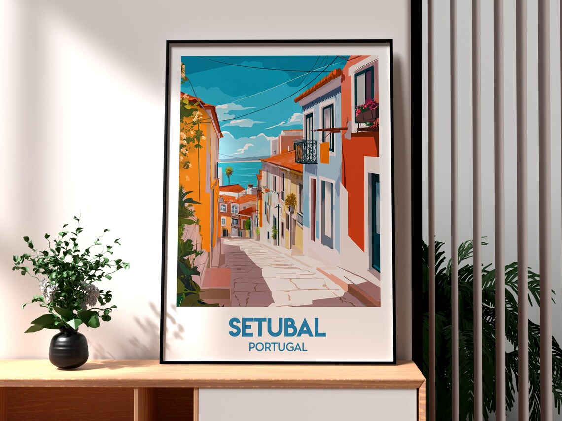Setubal Portugal Colorful Coastal Street Ocean View Travel Poster