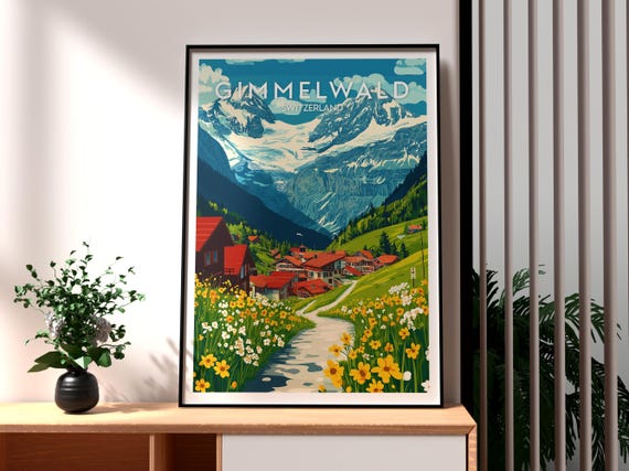 Gimmelwald Poster Swiss Alps Print Wall Art Switzerland Skiing Valley