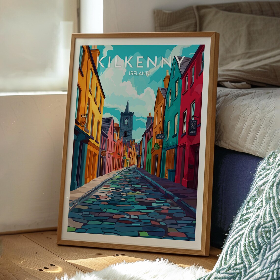 Kilkenny Ireland Colorful Cobblestone Street Church Tower Poster - Image 3