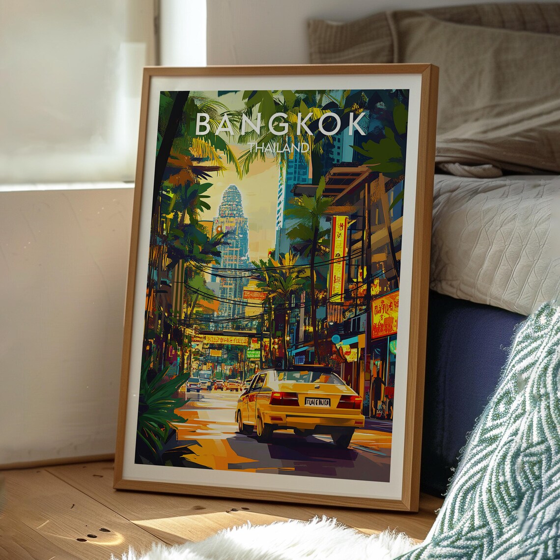 Bangkok Thailand Yellow Taxi Palm Lined Street Sunset Glow Travel Poster - Image 3