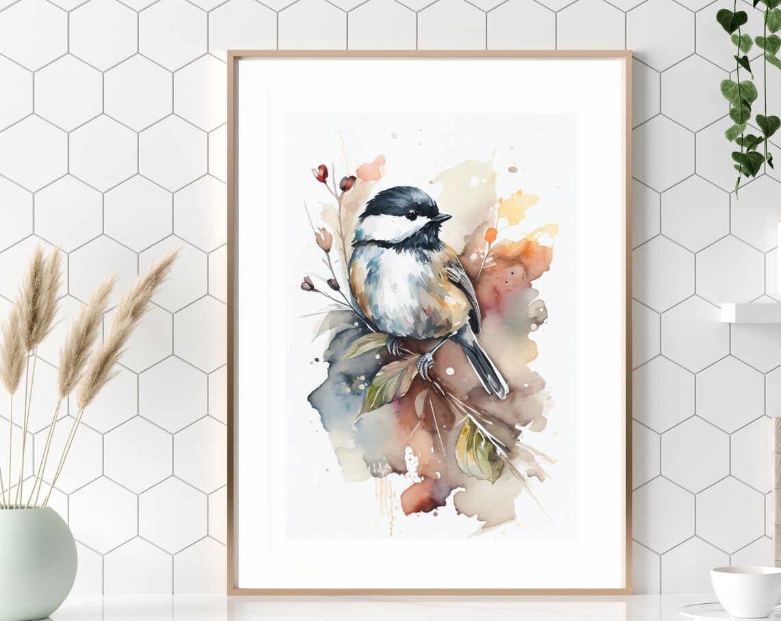 Black Capped Chickadee Autumn Watercolor Bird Art Nature Poster - Image 4