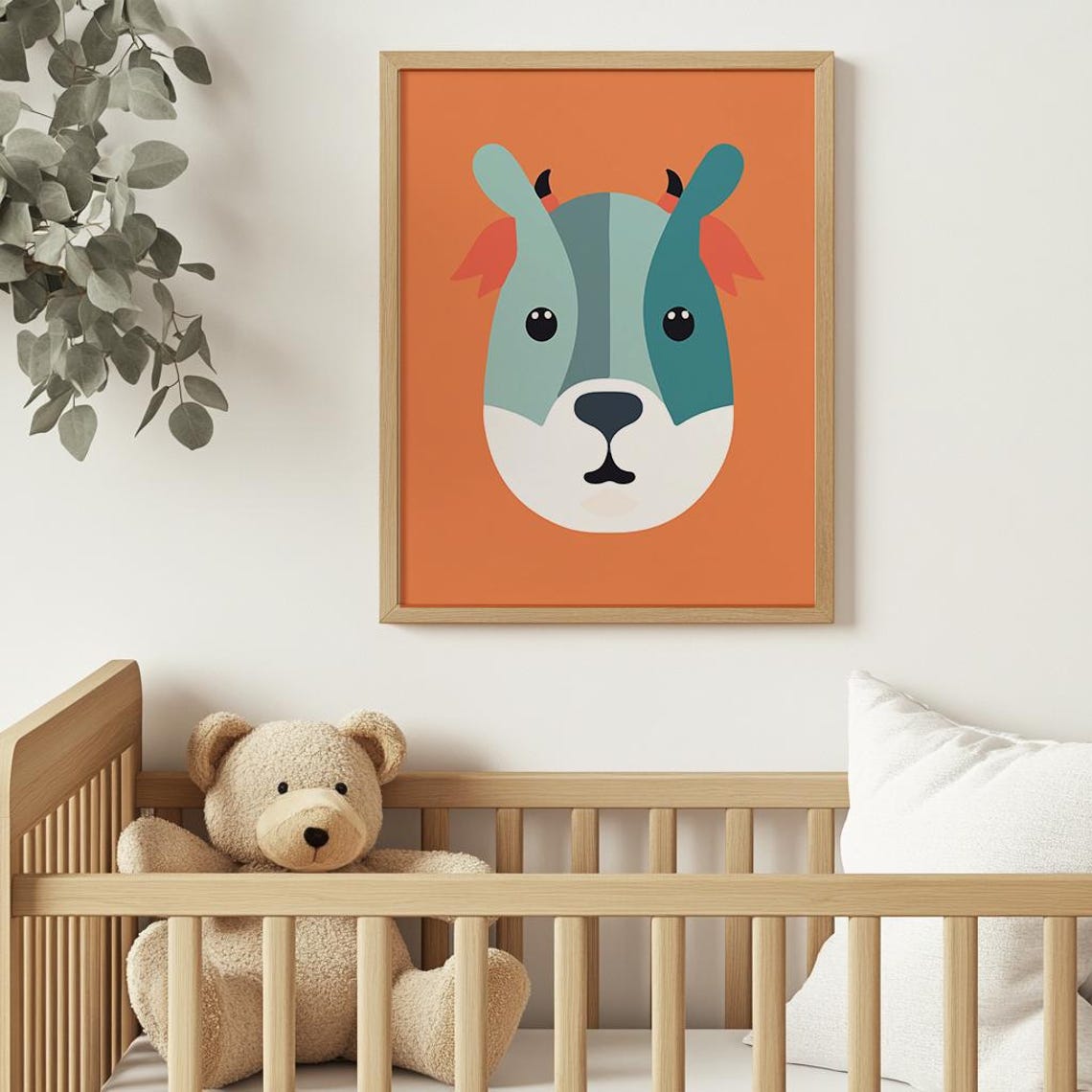 Minimalist Goat Face On Orange Nursery Kids Animal Art Poster - Image 2