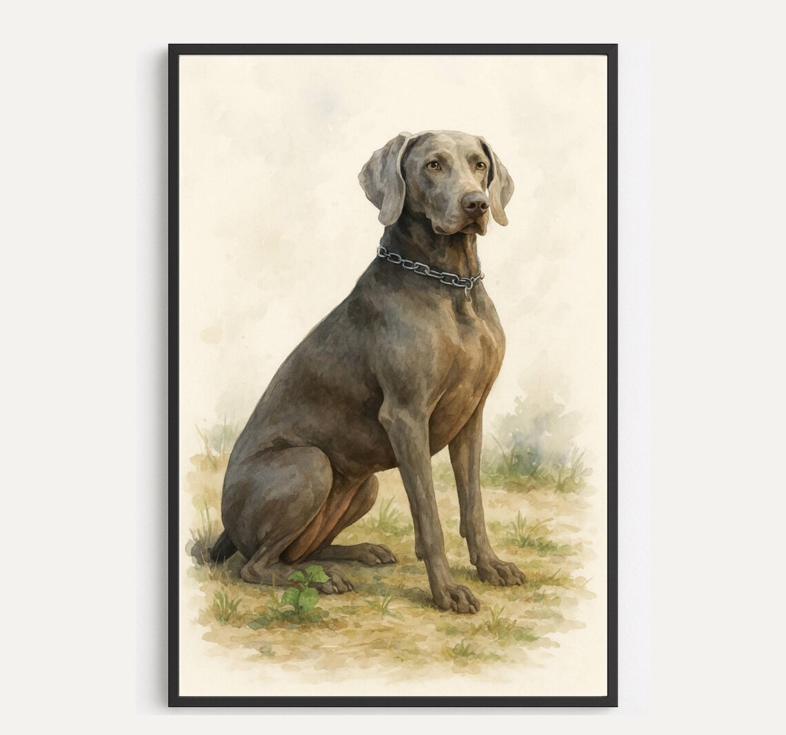 Weimaraner Watercolor Portrait Sitting Dog Chain Collar Art Poster
