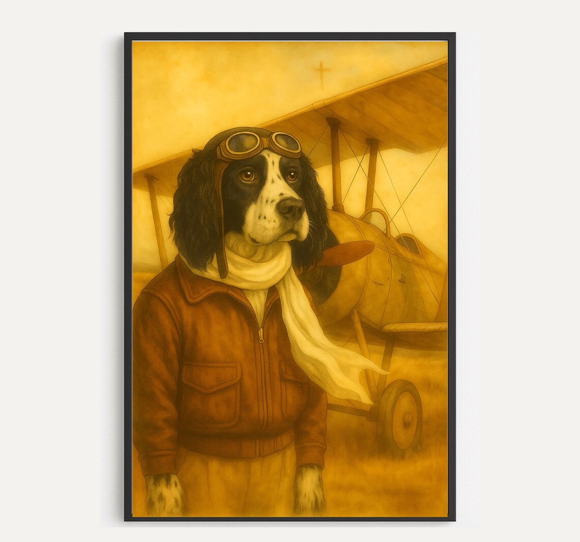 Vintage Aviator Spaniel Dog with Biplane Sepia Portrait Poster