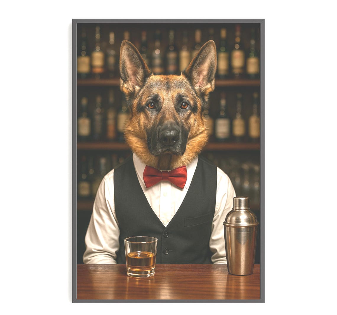 German Shepherd Bartender Bow Tie Vintage Bar Dog Portrait Poster