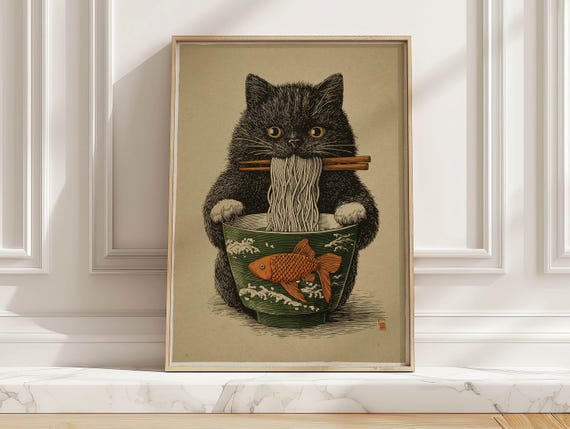 Japanese Black Cat Eating Ramen Art Print Vintage Japandi Food Poster Kitchen Wall Decor