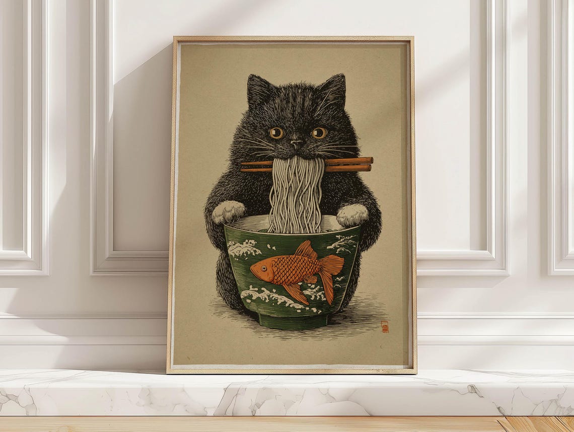 Japanese Black Cat Eating Ramen Art Print Vintage Japandi Food Poster Kitchen Wall Decor