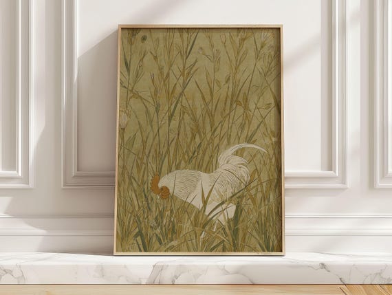 White Rooster In Meadow Art Print Vintage Botanical Chicken Illustration Poster Soft Sage Kitchen Wall For Dining Room