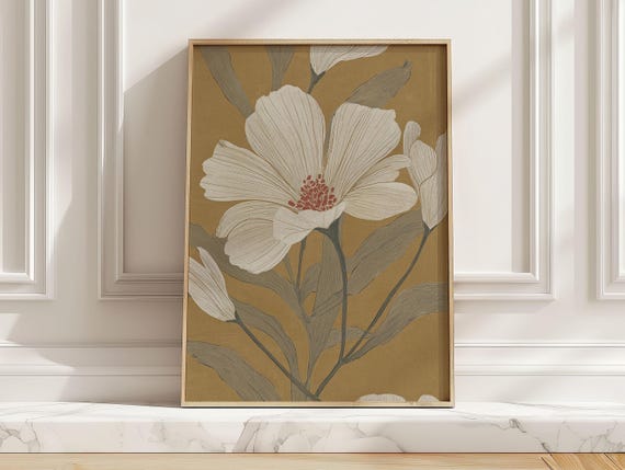 Vintage Cream Floral Wall Art Beige Botanical Poster Modern White Flower Living Room