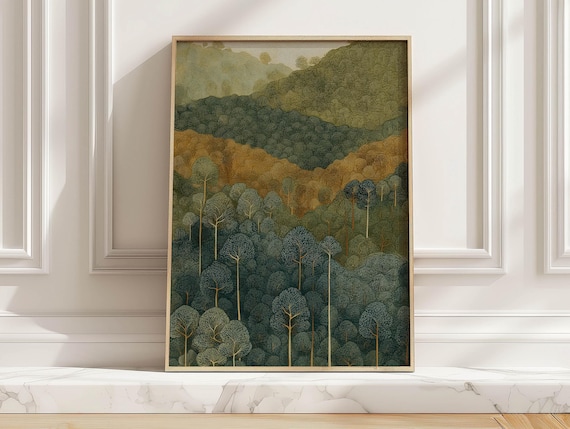 Misty Layered Forest Mountains Scandinavian Woodland Art Poster
