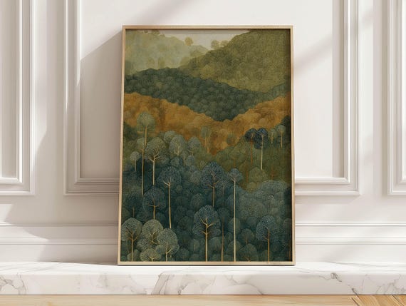 Vintage Misty Mountain Forest Poster Scandinavian Woodland Landscape Art Print Muted Earthy Green Nature Illustration For Living Room