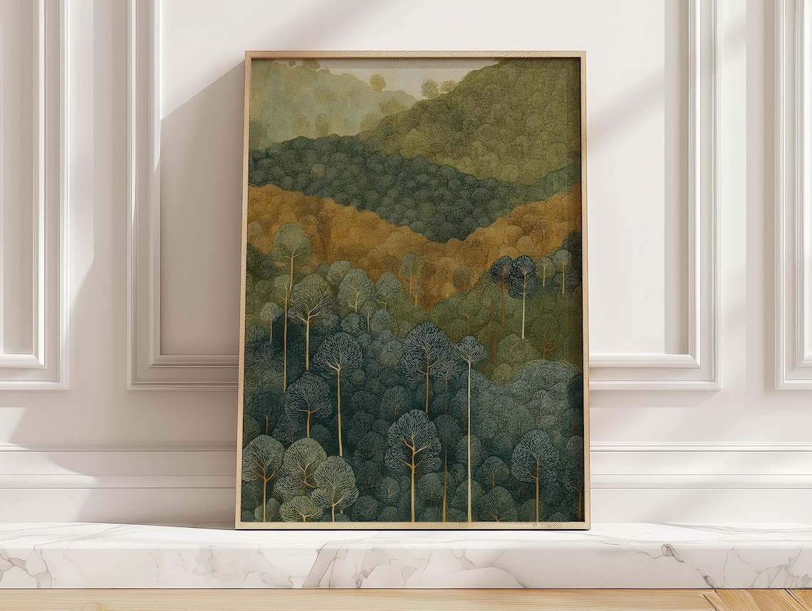 Misty Layered Forest Mountains Scandinavian Woodland Art Poster