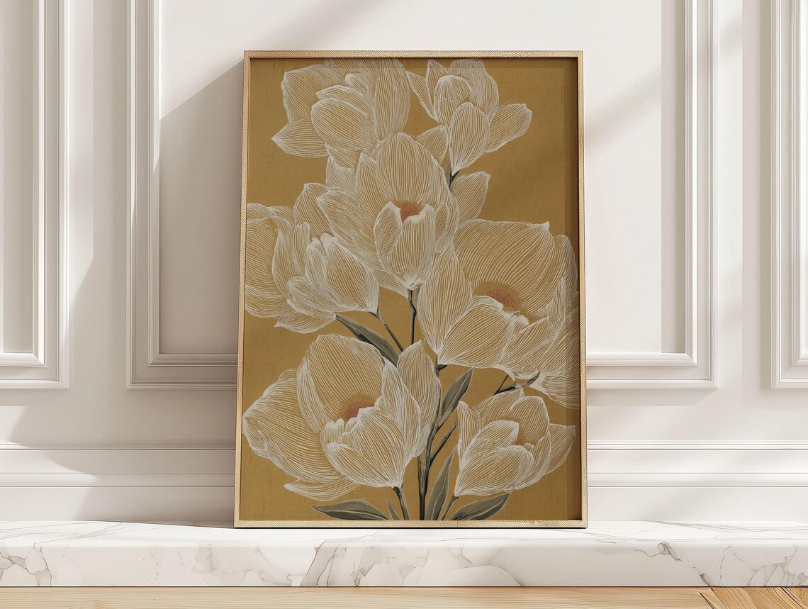 White Magnolia Flowers Line Art Poster, Japandi Floral