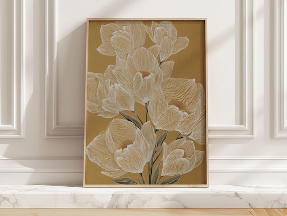 White Magnolia Flowers Line Art Poster, Japandi Floral