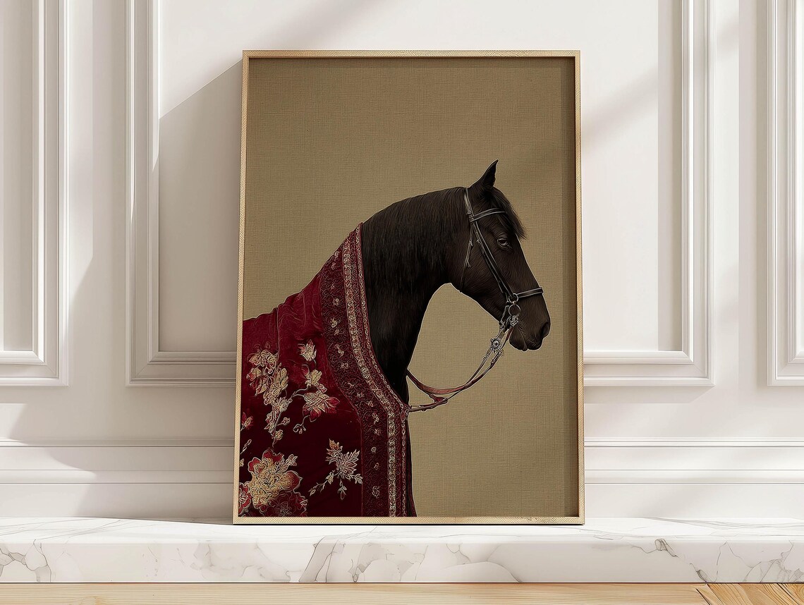 Vintage Black Horse In Red Tapestry Cloak Art Print