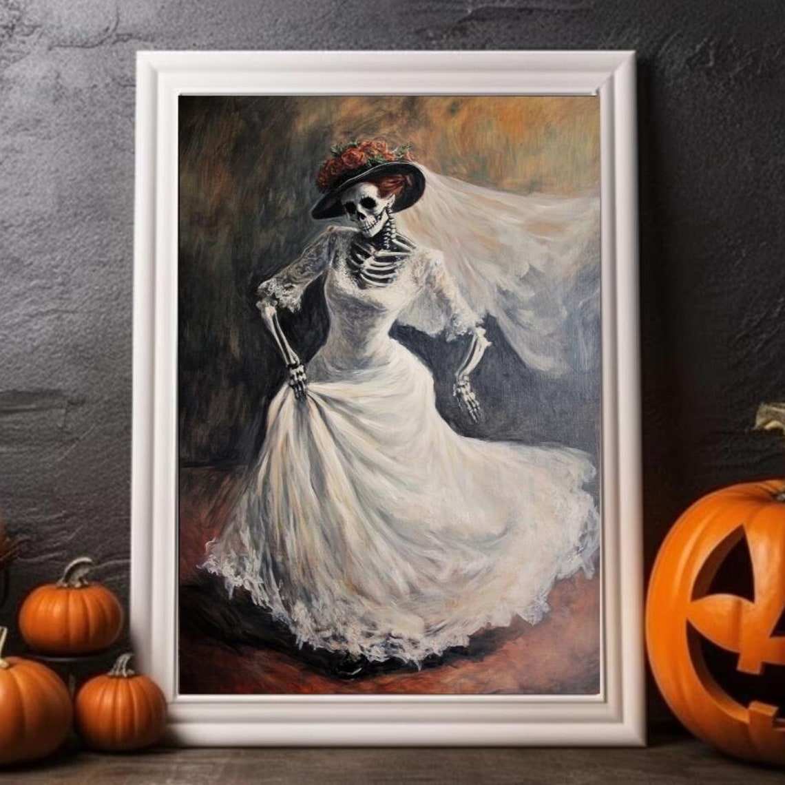 Dancing Skeleton Bride White Veil Rose Hat Halloween Painting Poster