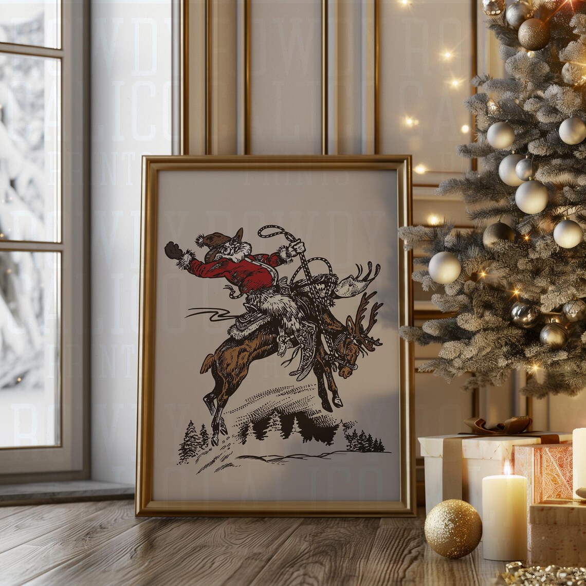 Cowboy Santa Lasso Riding Bucking Reindeer Vintage Western Christmas Poster - Image 2