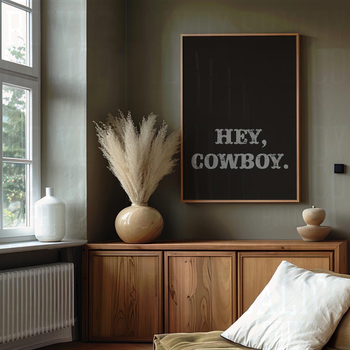 Hey Cowboy Distressed White Type Deep Black Western Quote Wall Poster