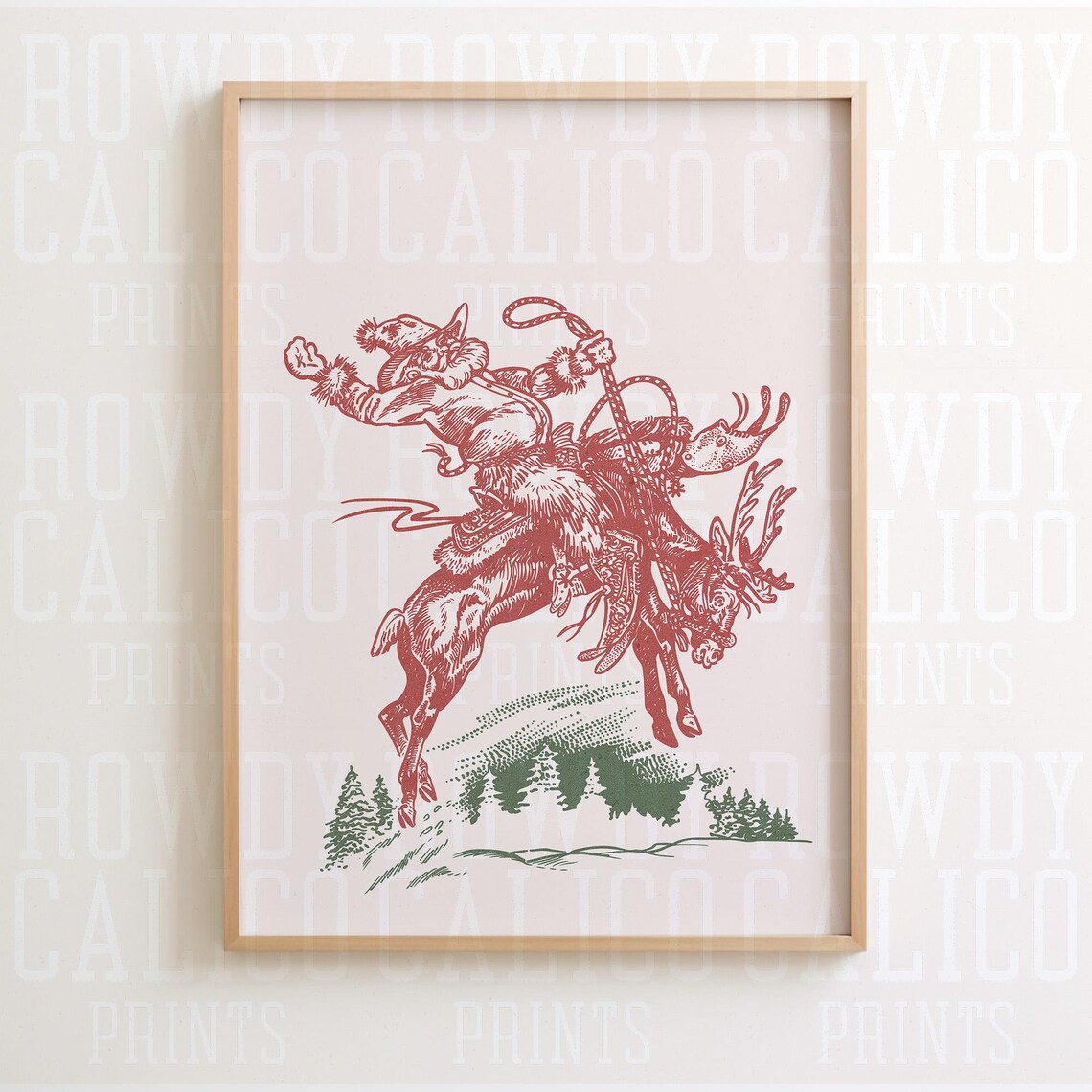 Red Ink Cowboy Santa Reindeer Ride Green Pines Western Holiday Poster - Image 2