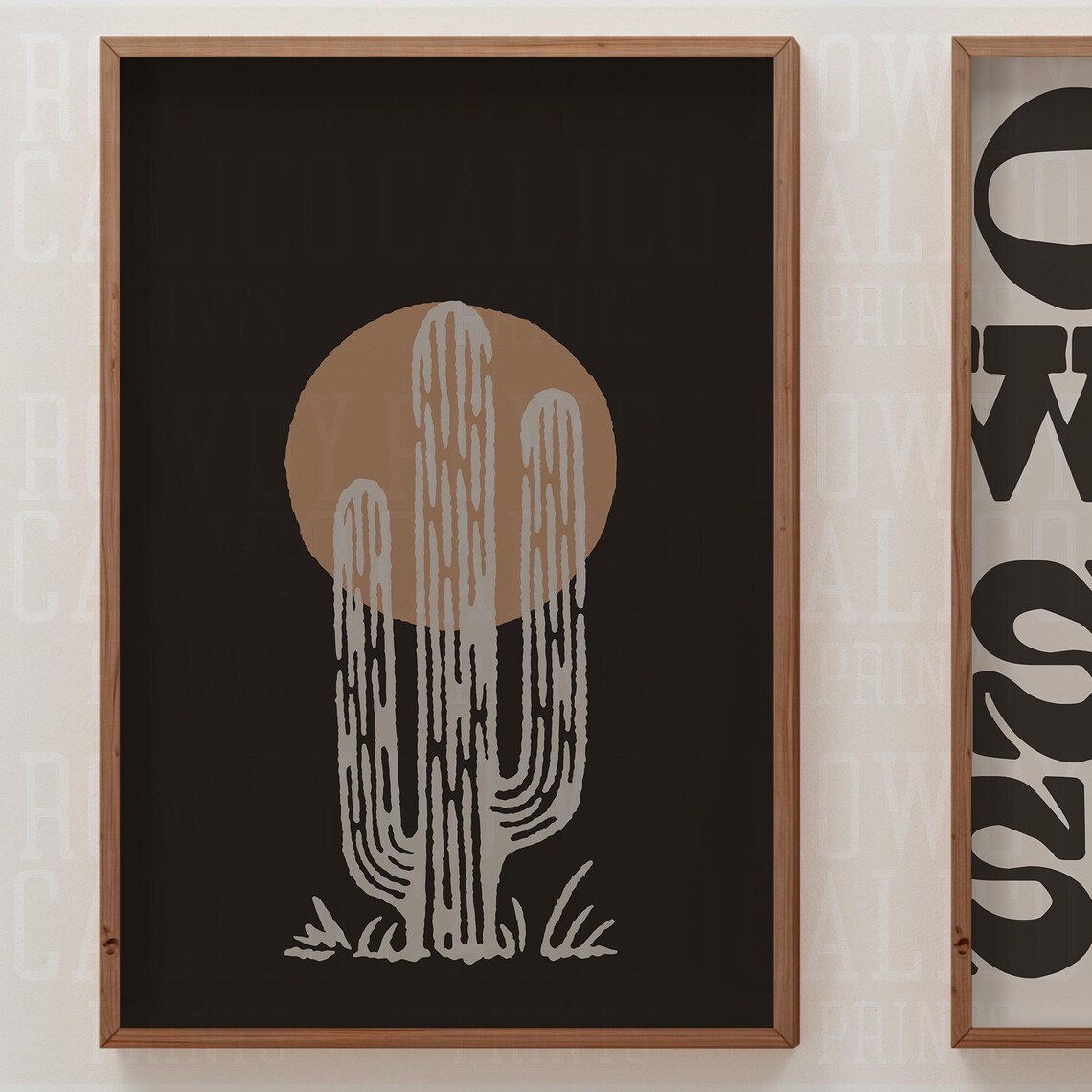 Desert Saguaro Cactus Moon Minimalist Black Boho Western Poster